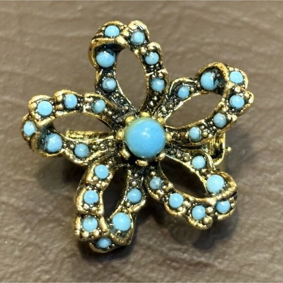 Vintage ARTHUR PFPPER Signed ART Faux Turquoise Gold Tone Floral Brooch Pin - Picture 1 of 5